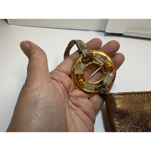 Rachel Abroms Matallic Gold Snakeskin Leather Beaded Handle Wristlet Bag - Picture 9 of 9